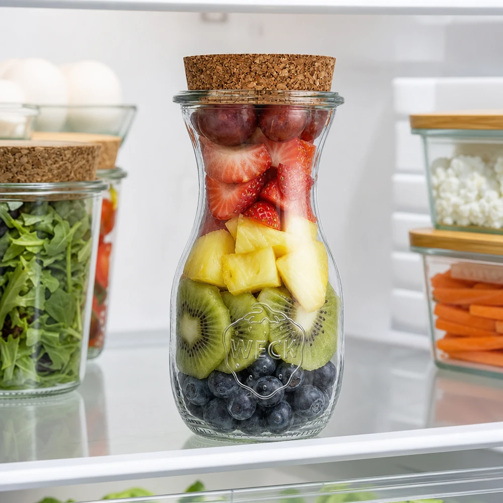 290 ml juiceflaske WECK RR60 med kork natur WECK juiceflaske 290 ml RR60 med frugtmix blåbær kiwi ananas jordbær i køleskabet Meal Prep