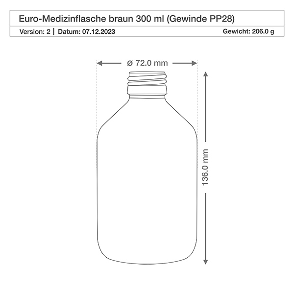 300 ml medicinflaske brun, med hætte i guldaluminium ApoGlas. Farmaceutisk kvalitet fra EU-produktion. 28 mm (PP28) gevind. (sirup, let glasflaske) 300 ml medicinflaske brun, med hætte i guldaluminium ApoGlas. Farmaceutisk kvalitet fra EU-produktion. 28 mm (PP28) gevind. (sirup, let glasflaske)
