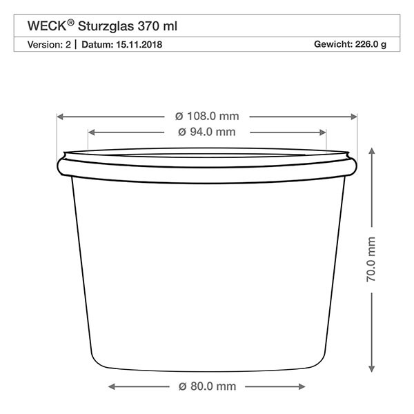 370 ml Briller WECK RR100 med kork natur WECK Sturzglas 370ml RR100 technische Zeichnung mit Maßangaben Durchmesser 108mm Höhe 70mm Gewicht 226g