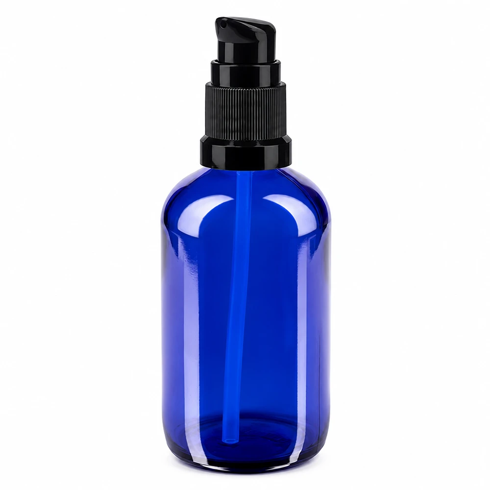 100 ml blå glasflaske med sort pumpe af apotekerglas til serum og olier