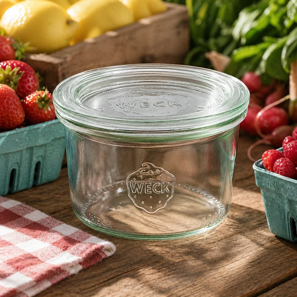200 ml Briller med glaslåg WECK RR80 WECK syltetøjsglas 200 ml RR80 i en naturlig køkkenindretning dekoreret med frisk frugt og grøntsager