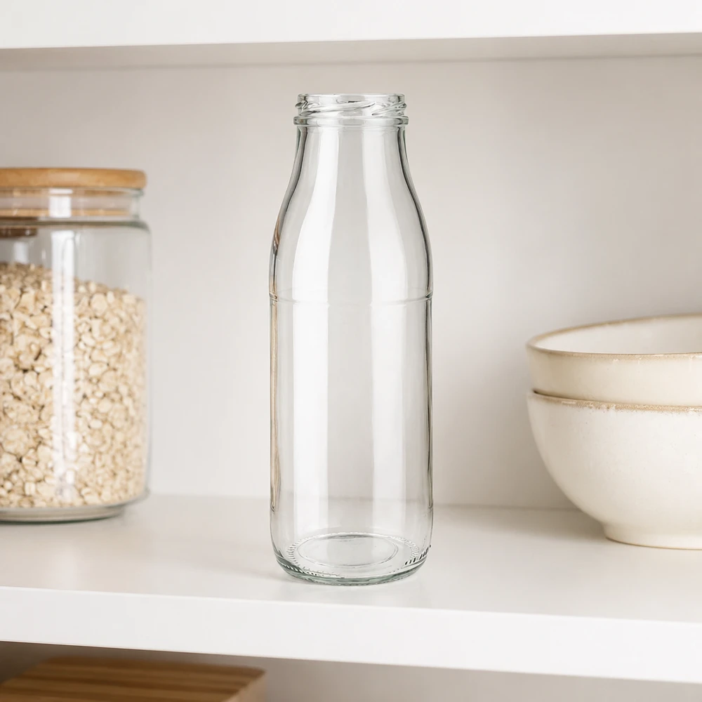 500 ml glasflaske uden låg (TO48) UNiTWIST. Absolut lækagesikker med stor åbning. Til mælk, juice og limonade. Kræver TO48-låg 500 ml glasflaske TO48 UNiTWIST uden låg på hvid køkkenhylde ved siden af kornskål og opbevaringskrukke