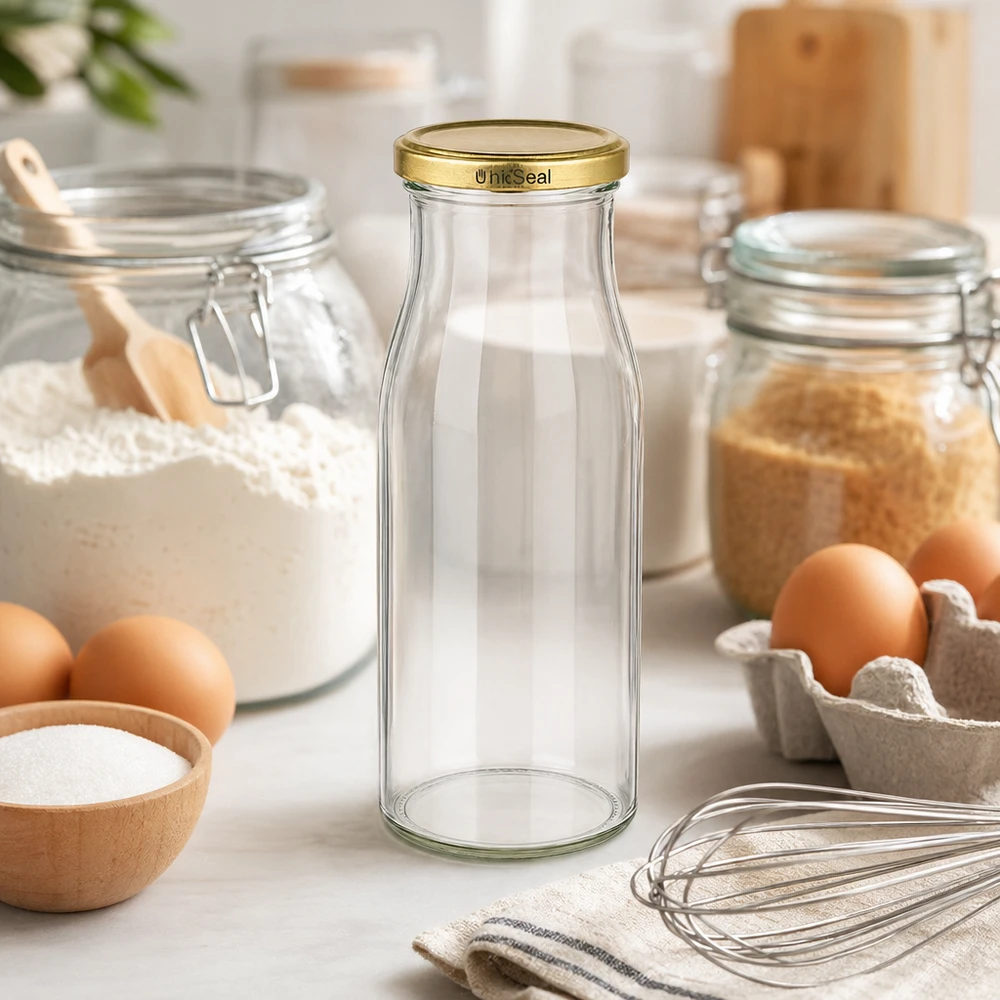UNiTWIST Bottle150 med guld. Låg TO43 BioSeal UNiTWIST glasflaske 150 ml tom på køkkenbord med bageingredienser æg mel piskeris gyldent låg
