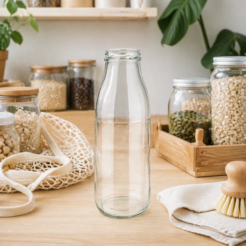 500 ml glasflaske uden låg (TO48) UNiTWIST. Absolut lækagesikker med stor åbning. Til mælk, juice og limonade. Kræver TO48-låg 500 ml glasflaske TO48 UNiTWIST tom i bæredygtigt nul-affaldskøkken med opbevaringsglas og naturfibre