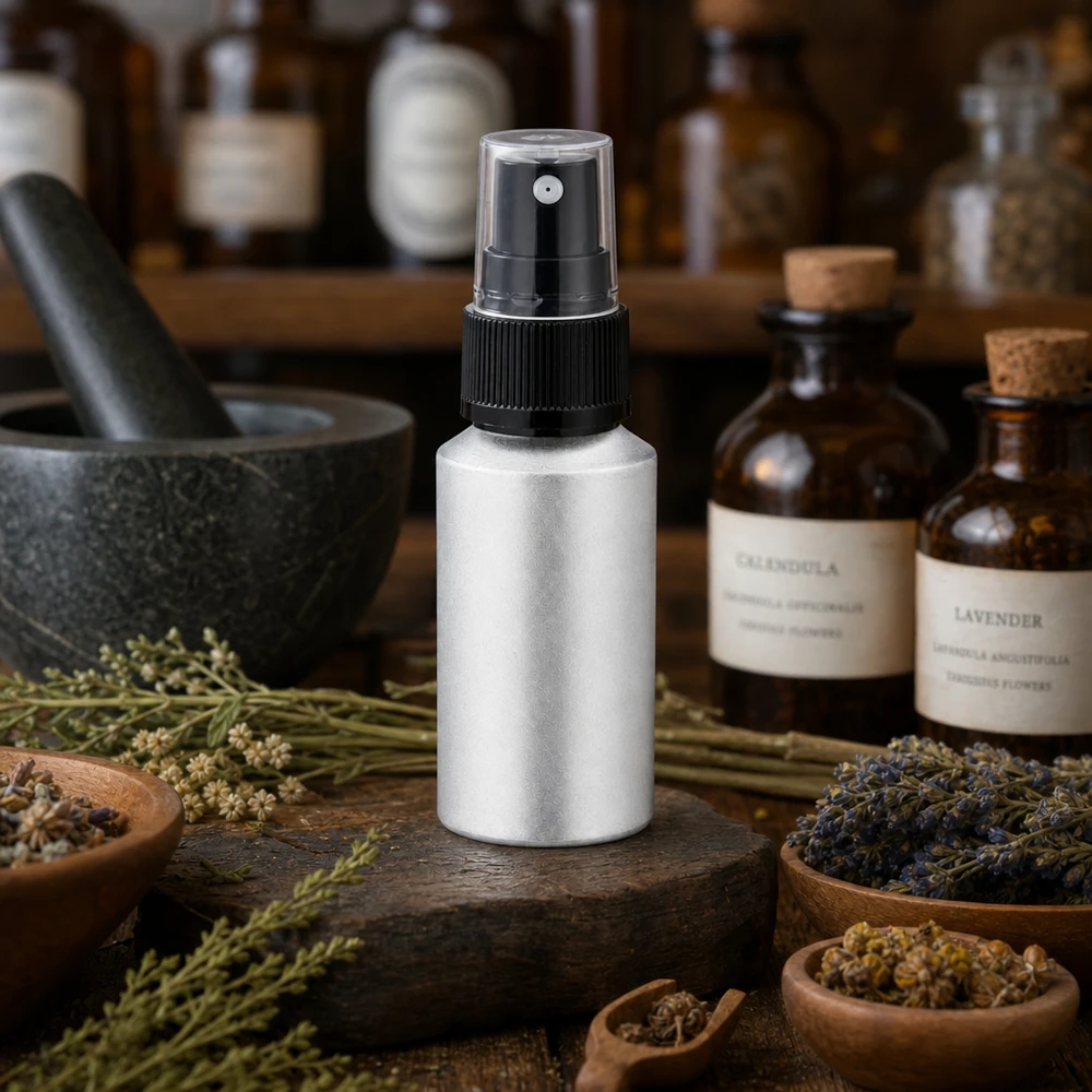 30 ml farvet aluminiumsflaske med forstøver Kompakt 30 ml aluminiumsflaske med forstøver, perfekt til rejser og på farten
