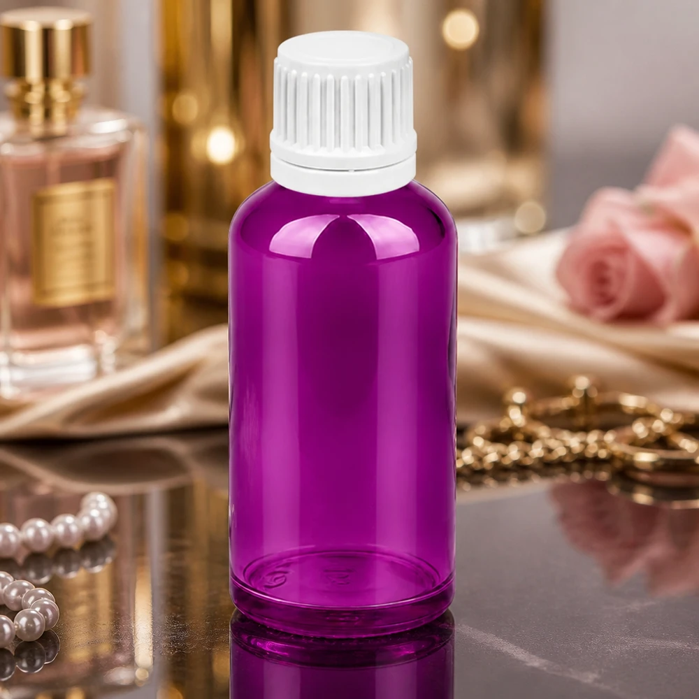 50 ml dråbeflaske 0,7 mm hvid Originality skruelåg PurpleLine UT18/50 Elegant 50 ml dråbeflaske i lilla design med hvid hætte til skønhed og wellness