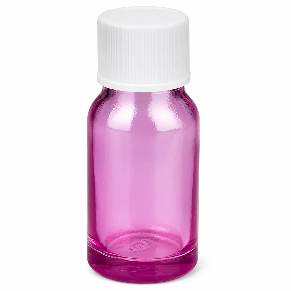 10 ml flaske 11 mm skruelåg hvid standard PurpleLine UT18/10 10 ml glasflaske i violet med hvidt skruelåg til æteriske olier og kosmetik