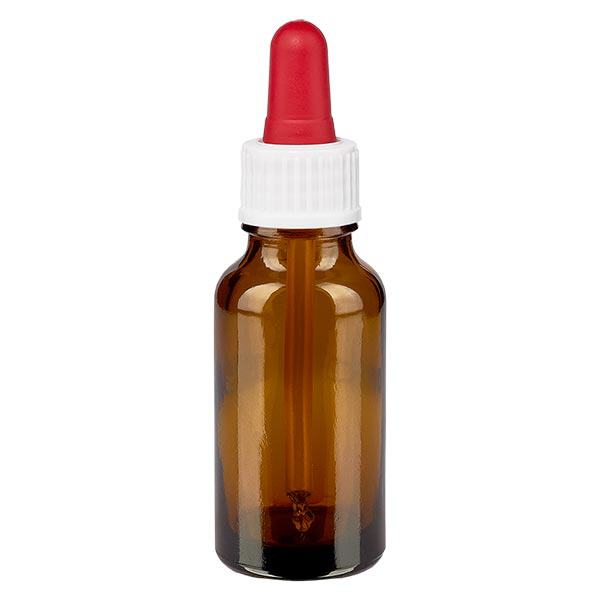 Apoteksflaske brun 20 ml pipette hvid/rød stk. Apoteksflaske brun 20 ml pipette hvid/rød stk.