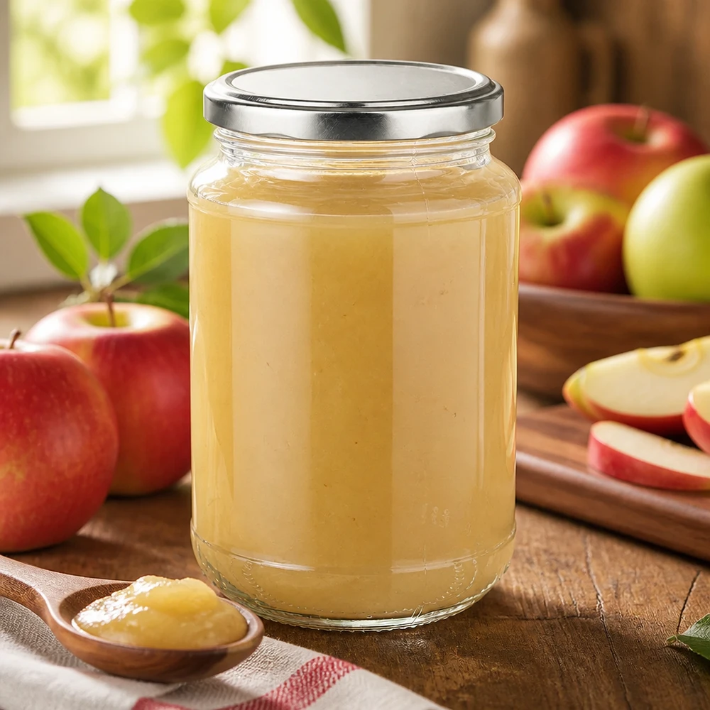 320 ml rundt glas + BasicSeal sølv UNiTWIST Hjemmelavet æblemos i et 320 ml rundt BasicSeal-glas i sølv ved siden af friske røde og grønne æbler