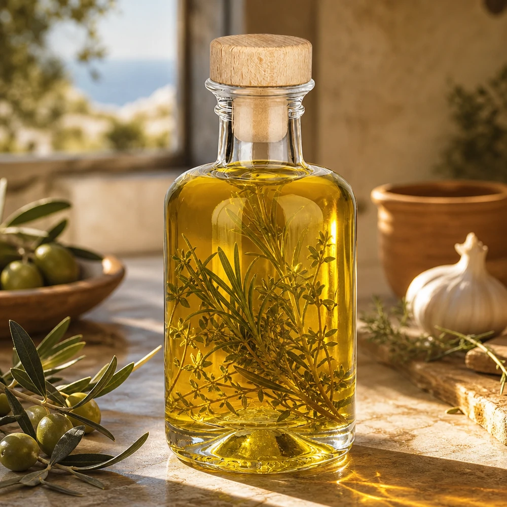 100 ml apoteksflaske Sofia med træhåndtag og prop UNiTWIST® 100ml Glasflasche Sofia mit Holzkorken gefüllt mit Kräuteröl und Rosmarin mediterrane Küche Olivenöl Infusion