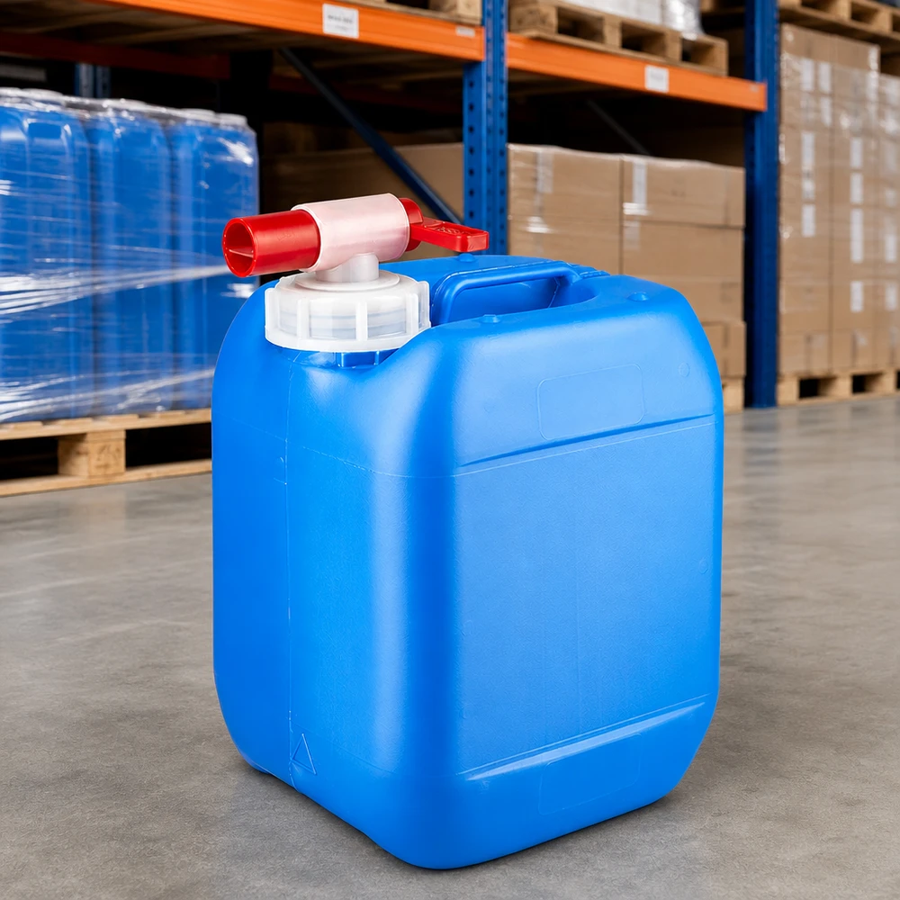 Robust HDPE-dunk på 5 liter, blå, med praktisk rød udløbshane på lager