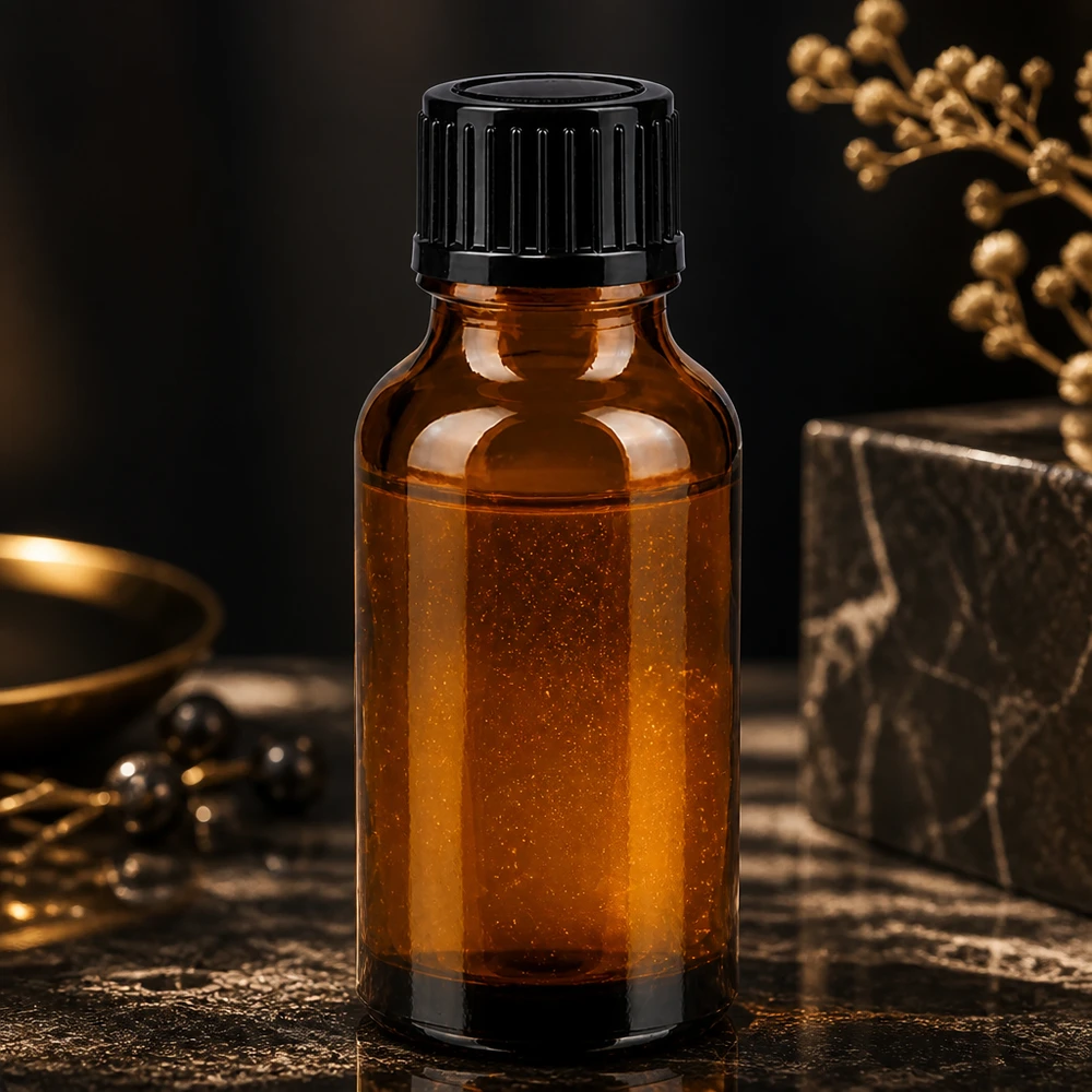 Ravfarvet 20 ml dråbeflaske af apoteksglas med sort børnesikret låg