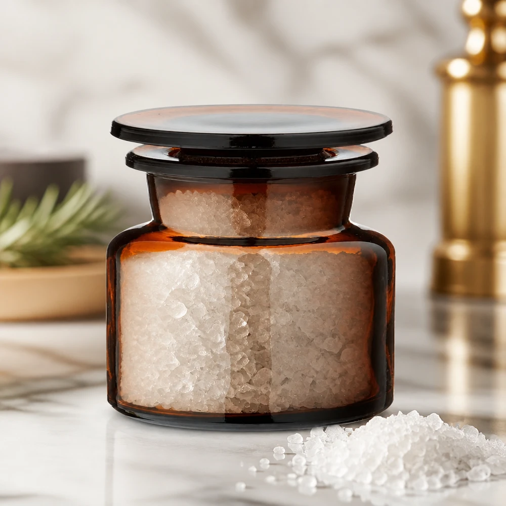 Idé til krydderiglas: apotekerflaske 50 ml med bred hals i ravfarvet glas Apotekerflaske med bred hals, 50 ml, brunt glas, fyldt med havsalt og placeret på en marmorplade