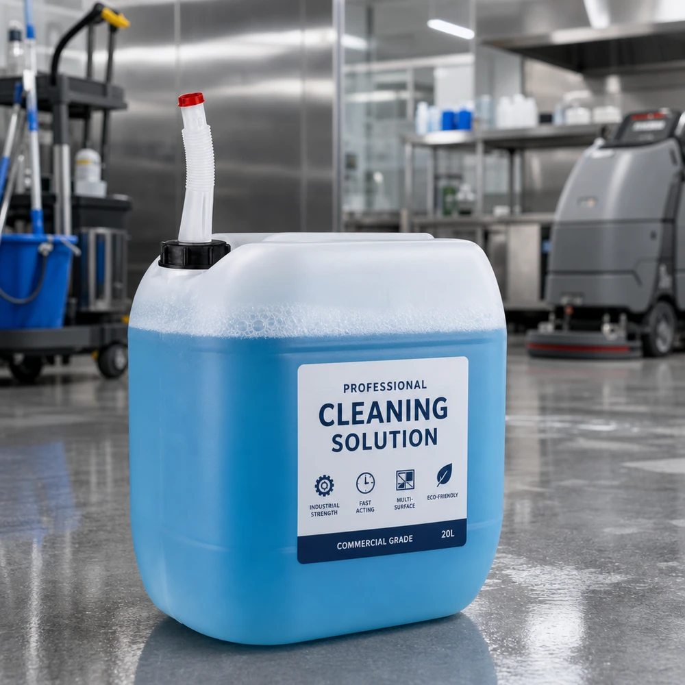 30 liters beholder med Flex-udløbsrør Blå 30-liters beholder til rengøringsmidler med fleksibelt udløbsrør på et industrigulv