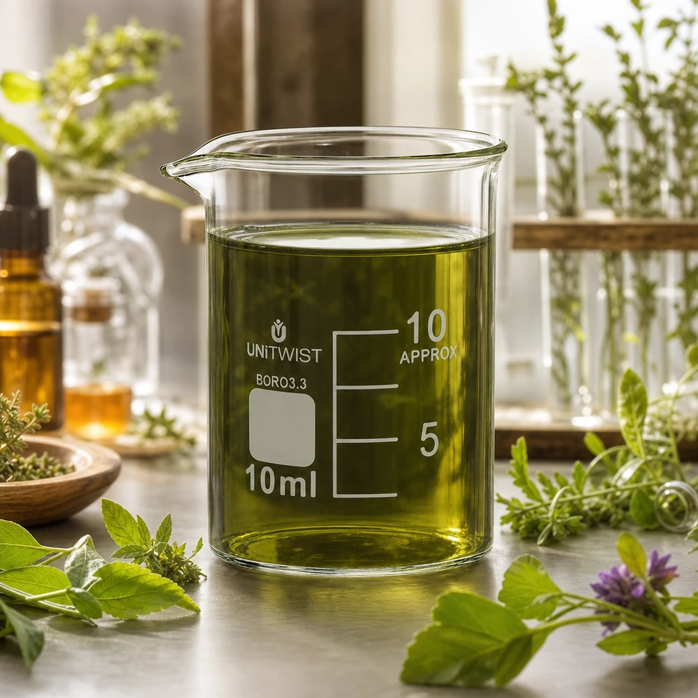 Bæger 10 ml borosilikat, lav form UNiTWIST UNiTWIST 10 ml glasbeholder med grønt urteekstrakt omgivet af friske lægeplanter