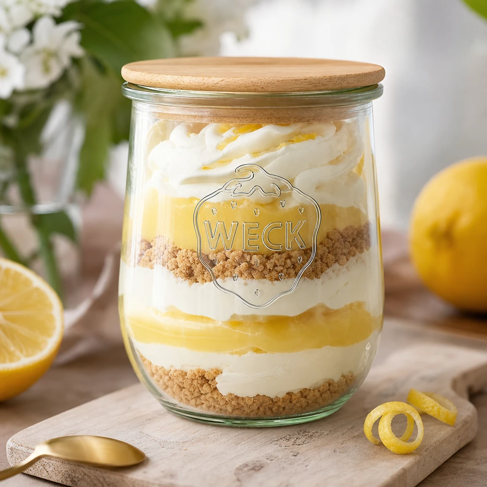 1062 ml tulipankrukke WECK RR100 med trælåg WECK RR100 tulipankrukke 1062 ml med trælåg som dessertkrukke med citroncreme og krymmel arrangeret dekorativt