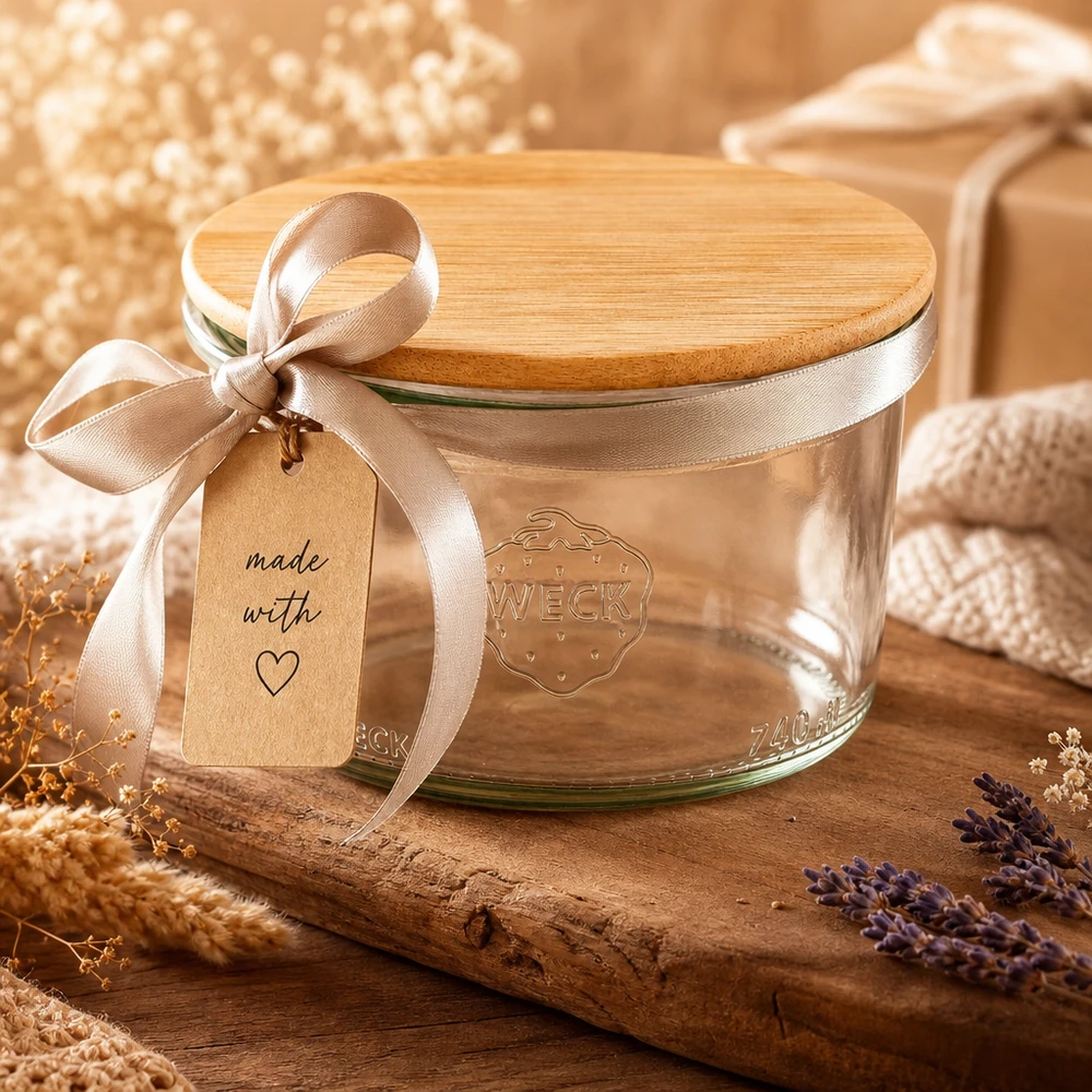 200 ml Briller WECK RR80 med trælåg WECK Sturzglas 200ml RR80 mit Bambus-Holzdeckel als Geschenkidee mit Schleife und Anhänger in warmer Dekoszene