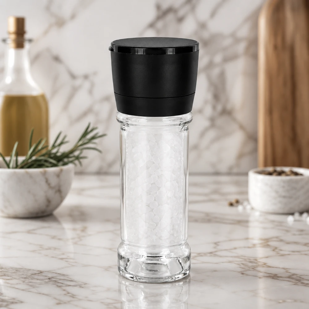 Saltglas på 100 ml med sort Vario-kværn på hvid marmoreflade, fyldt med groft havsalt