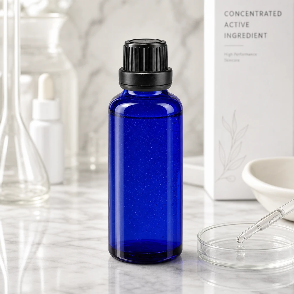 Blå 30 ml apotekerflaske med 2 mm dråbeindsats til hudplejekoncentrater og aktive ingredienser