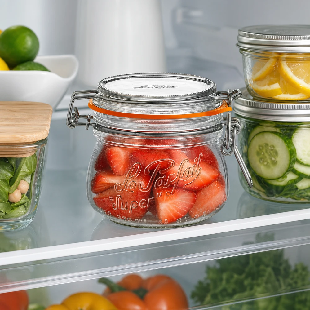 Le Parfait® glas 250 ml Ø70 mm opbevaring 250 ml Le Parfait Super opbevaringsglas med svingtop fyldt med jordbær i køleskabet ved siden af andre glas