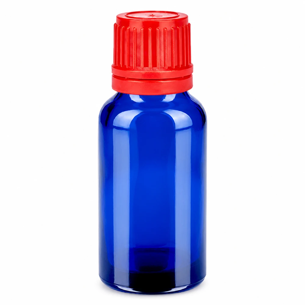 20 ml flaske 11 mm SV rød OV BlueLine UT18/20 20 ml blå glasflaske med rødt skruelåg til æteriske olier og kosmetik
