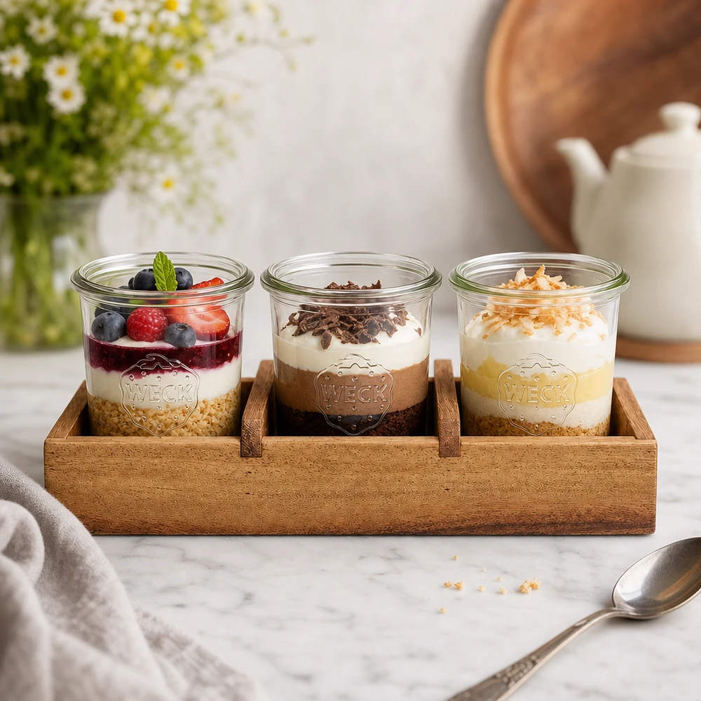 Serveringsbakke Box3 i akacietræ til 3 WECK-tumblere Serveringsbræt i akacietræ Box3 med tre WECK-krukker dessertyoghurt bær chokolade kokos køkkenpræsentation