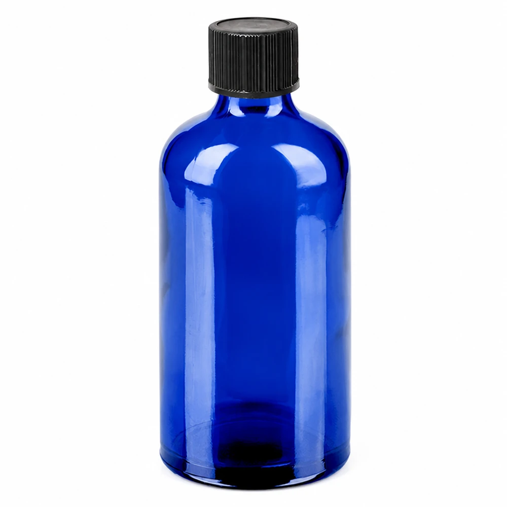 Blå glasdråbeflaske 100 ml med sort hætte til æteriske olier og tinkturer