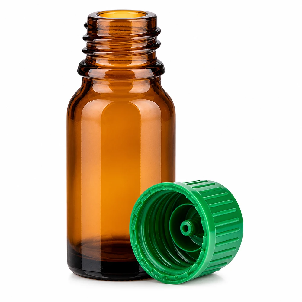 10 ml flaske 11 mm SV grøn STD BrownLine UT18/10 Lille 10 ml glasflaske i brun med grøn hætte, ideel til aromaterapi og naturkosmetik