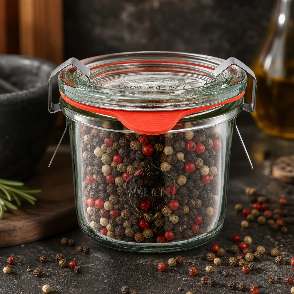 WECK-glas 80 ml fyldt med en farverig peberblanding og med originalt glaslåg med gummiring