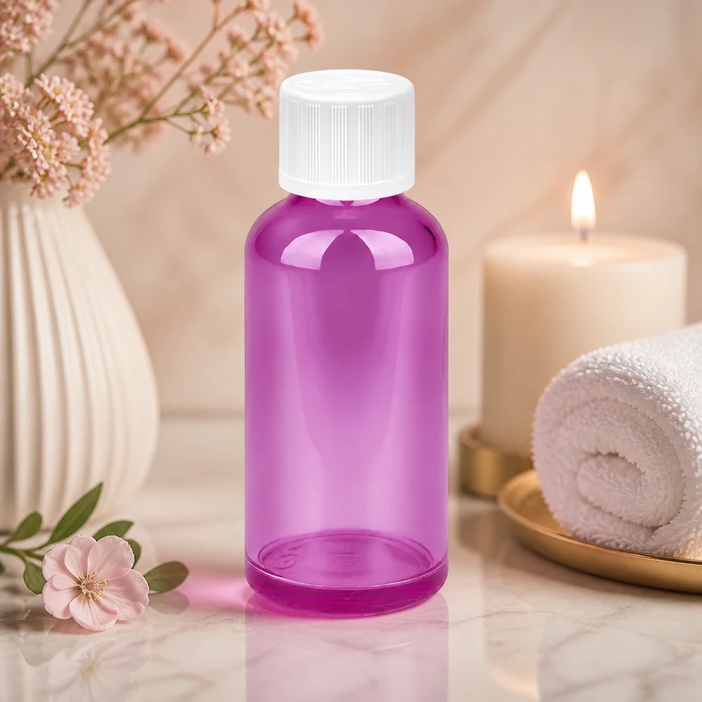 50 ml flaske 11 mm skruelåg hvid standard børnesikret PurpleLine UT18/50 Elegant 50 ml Purple Line-flaske med børnesikret hætte til sikker opbevaring
