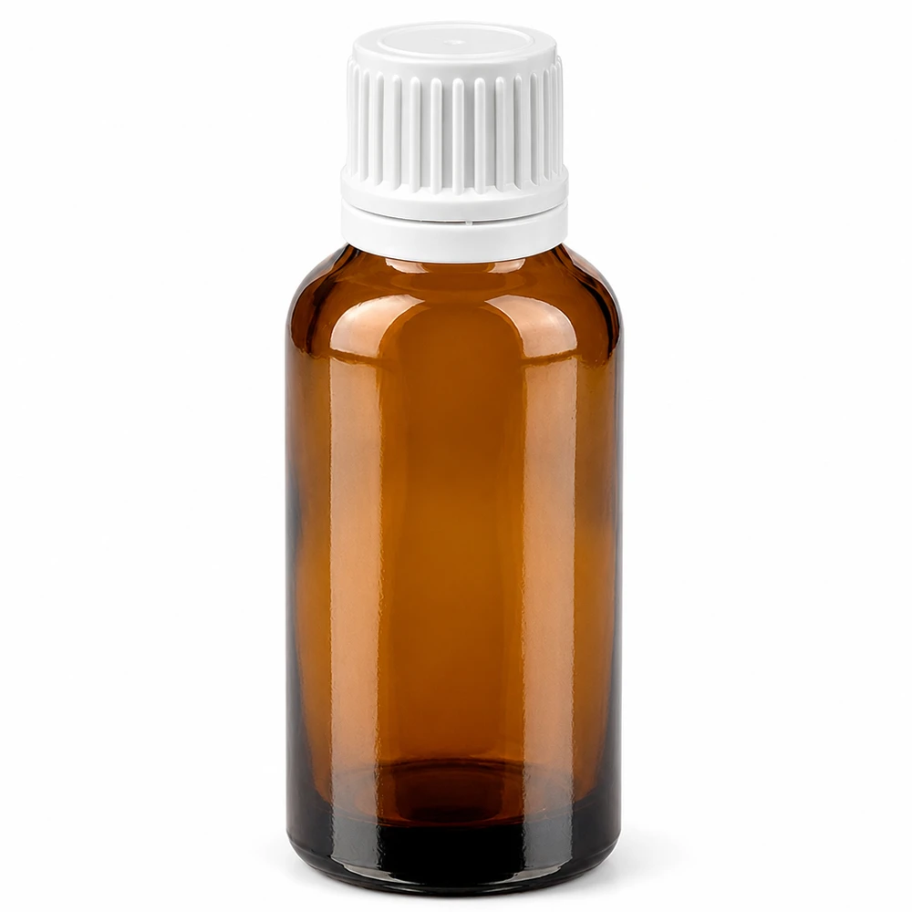 30 ml flaske 11 mm SV hvid OV BrownLine UT18/30 Brun glasflaske 30 ml med hvidt skruelåg til æteriske olier og medicin