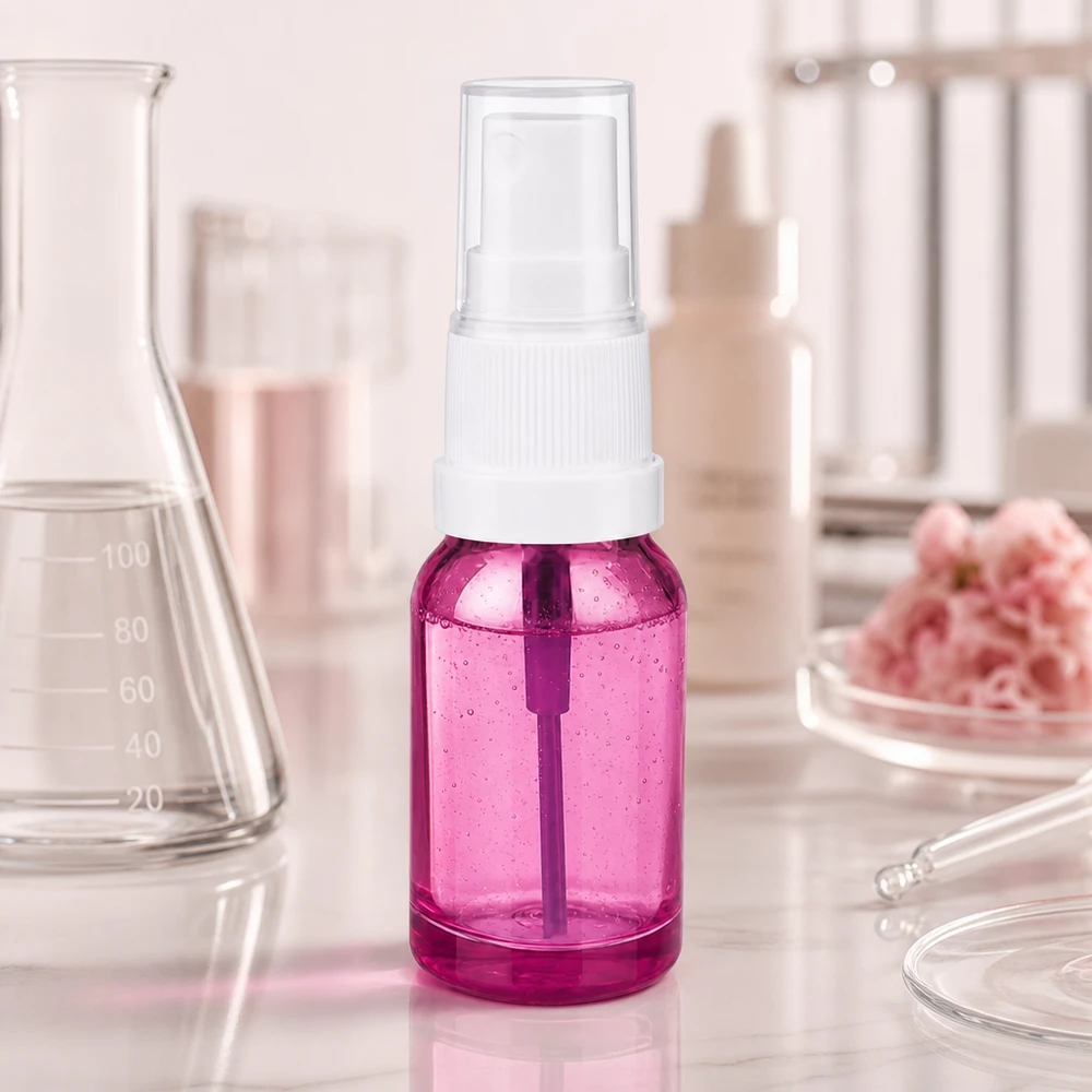 10 ml sprayflaske i transparent lilla med hvid forstøver til præcis dosering af væsker