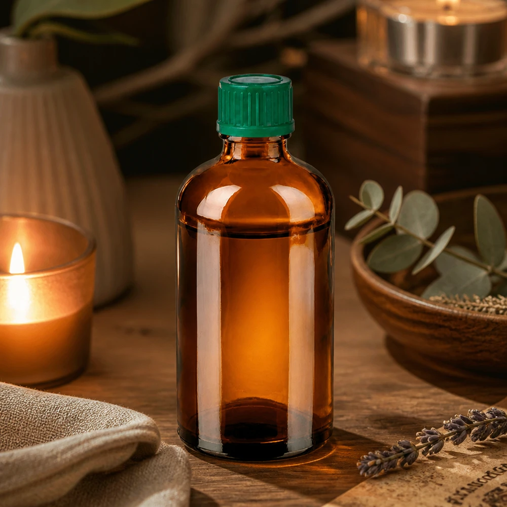 100 ml flaske 11 mm SV grøn STD BrownLine UT18/100 Lille 100 ml ravfarvet glasflaske med grønt låg, perfekt til kosmetik og naturmedicin