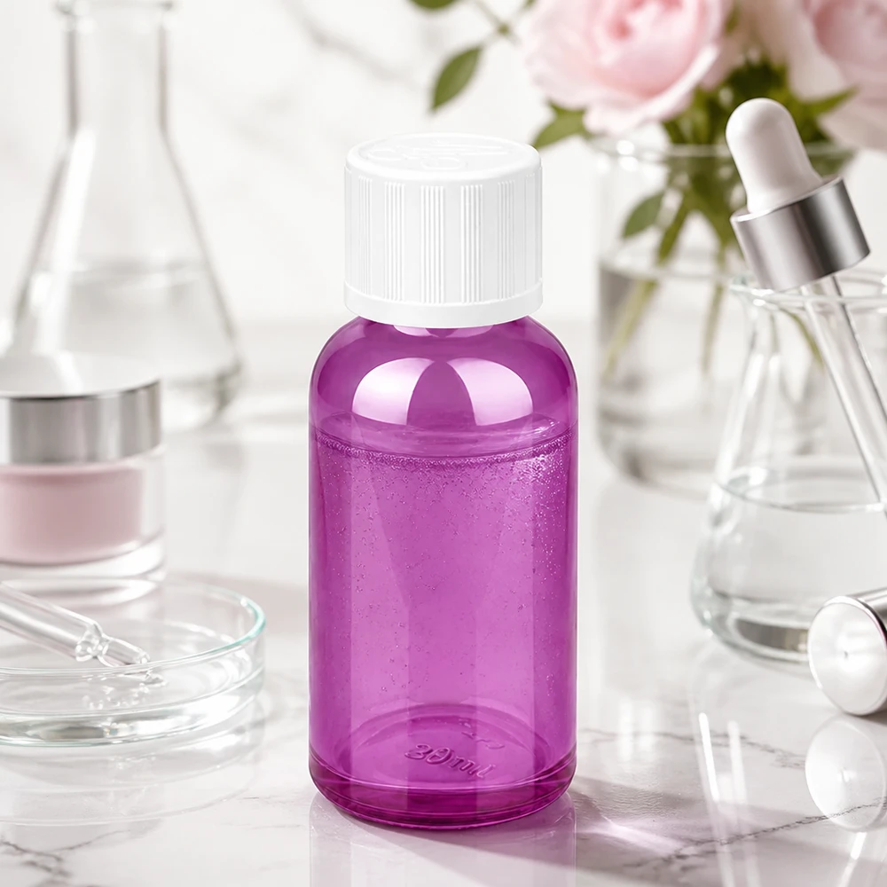 30 ml flaske 11 mm skruelåg hvid standard børnesikret PurpleLine UT18/30 Praktisk 30 ml glasflaske i violet med 11 mm åbning til nem påfyldning og dosering