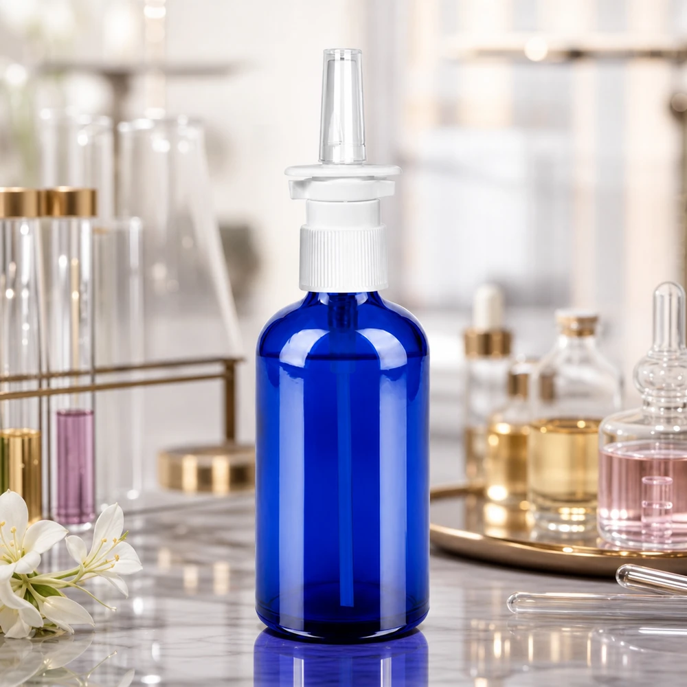 100 ml næsesprayflaske m./tr. STD BlueLine UT18/100 Glasflaske i høj kvalitet 100 ml med STD-gevind UT18/100 til professionel produktion af næsespray