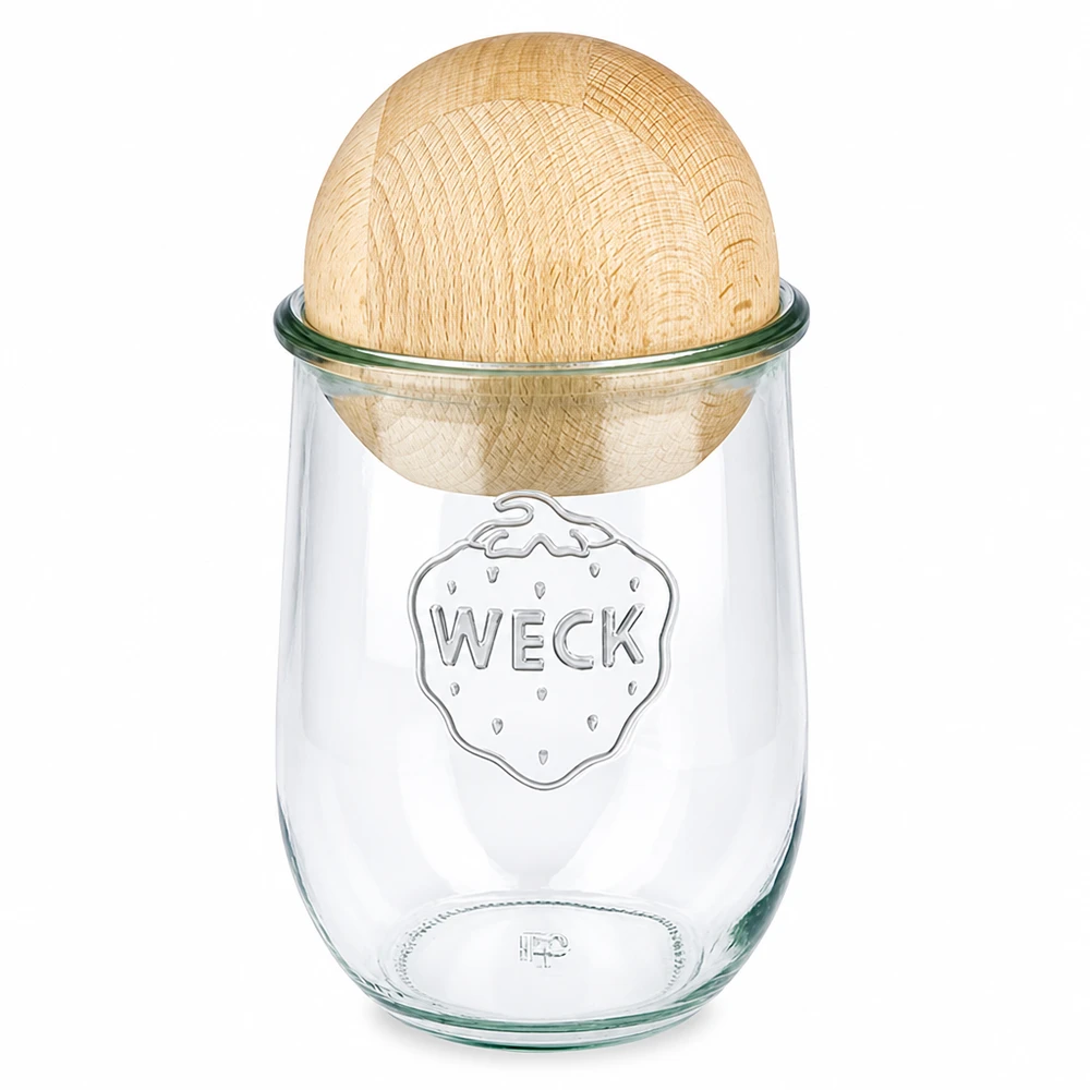 1062 ml tulipankrukke WECK RR100 med trækugle bøg WECK tulipankrukke 1062ml RR100 med bøgetræslåg Konserveringskrukke fremstillet af genbrugsglas