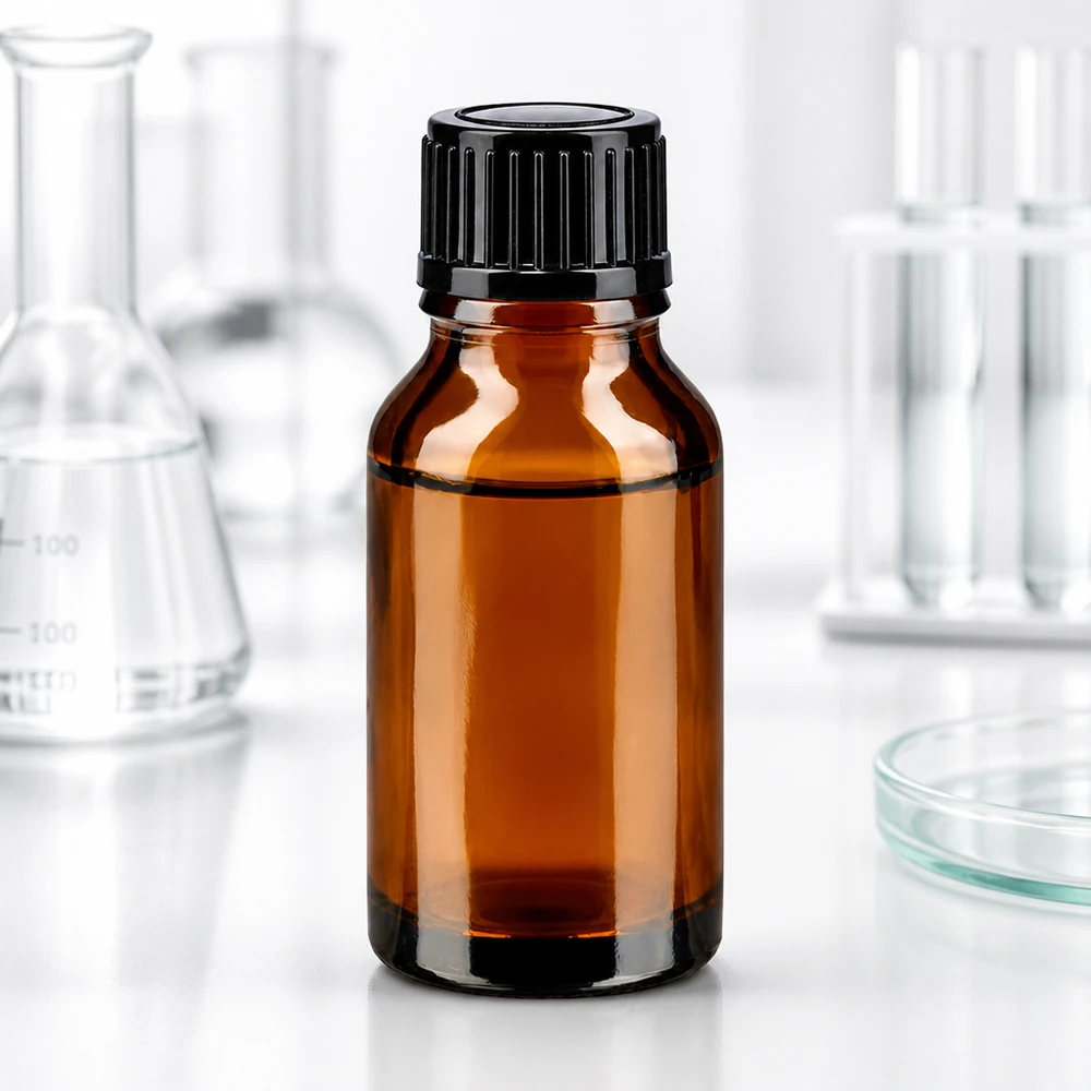 Apotekflaske på 15 ml af brunt glas med sort skruelåg i laboratoriet mellem Erlenmeyer-kolber