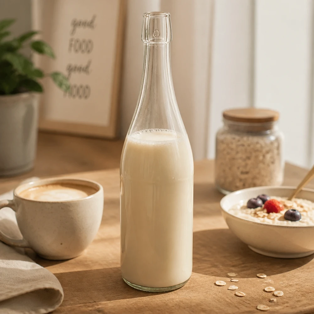 750 ml glasflaske uden skruelåg UNiTWIST 750 ml UNiTWIST-glasflaske fyldt med havremælk ved siden af kaffekop kornskål morgenbord livsstilsscene