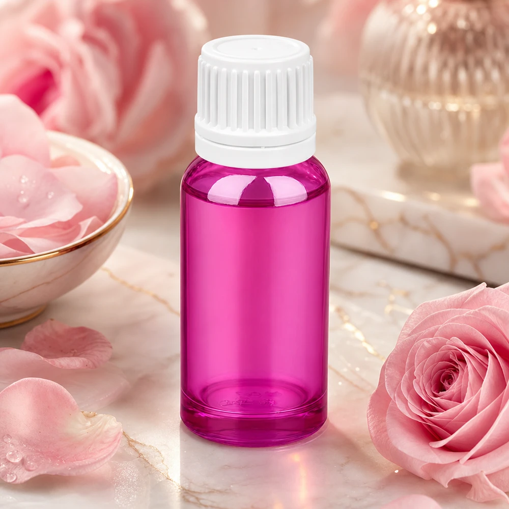 20 ml flaske 11 mm skruelåg hvid Originality skruelåg PurpleLine UT18/20 Lilla 20 ml aromaterapiflaske med hvid dråbehætte mellem lyserøde roser og kosmetik