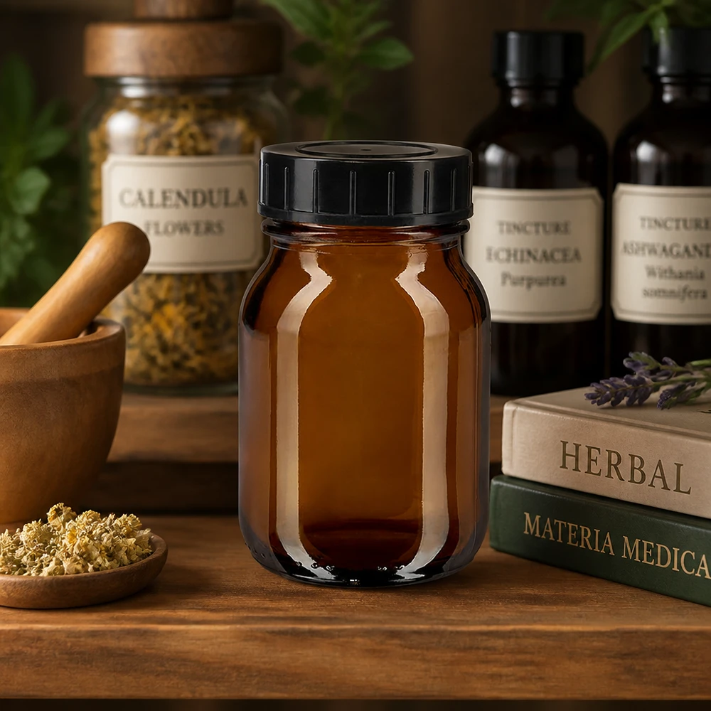 75 ml flaske med bred hals i ravfarvet glas med skruelåg 75 ml ravfarvet glasflaske af høj kvalitet med skruelåg til professionel opbevaring af tinkturer