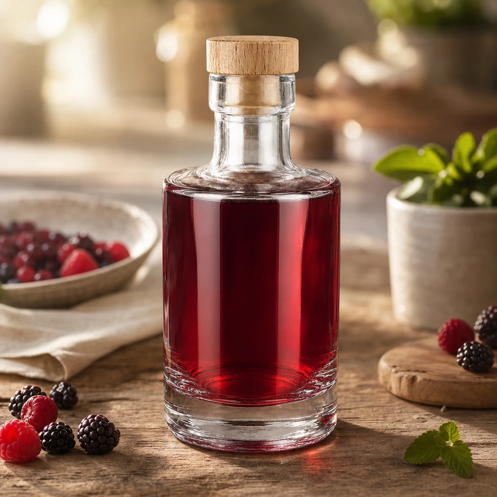 200 ml glasflaske Marie med træhåndtagskork UNiTWIST® 200ml Glasflasche Marie mit Beerenlikör befüllt, Holzkorken-Verschluss, dekoriert mit Himbeeren und Brombeeren auf Holzt