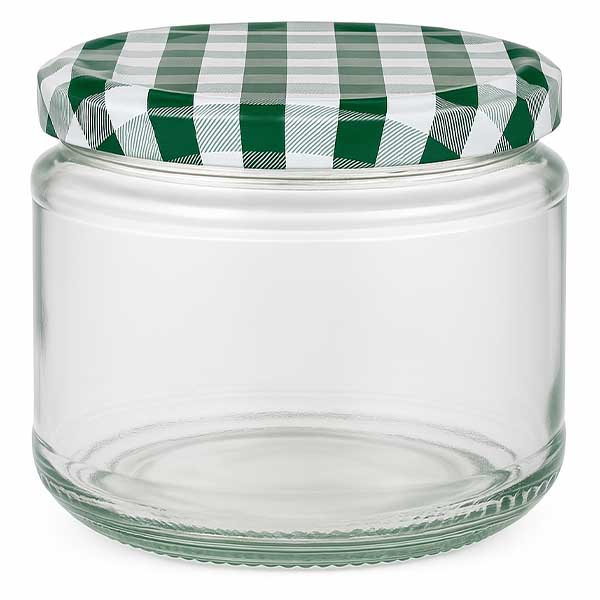 330 ml rund krukke + BasicSeal-låg grøn/hvid UNiTWIST 330 ml rund krukke med grøn- og hvidternet BasicSeal-låg, tom konserveringskrukke til mad og konserves