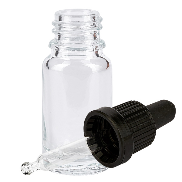 10 ml pipetteflaske sort OV ClearLine UT18/10 Lille 10 ml glasflaske med sort skruelåg og glaspipette, vist i åben tilstand