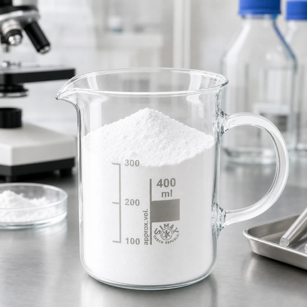 Bægerglas 400 ml borosilikatglas, med håndtag 400 ml bægerglas med hank, fyldt med hvidt pulver, på et laboratoriebord – borosilikatglas