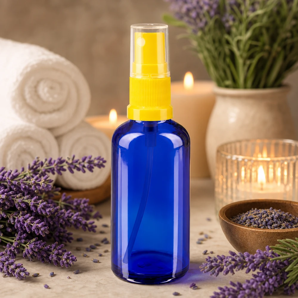 Blå apotekersprayflaske på 50 ml med gennemsigtigt sprøjtehoved mellem lavendelblomster og stearinlys