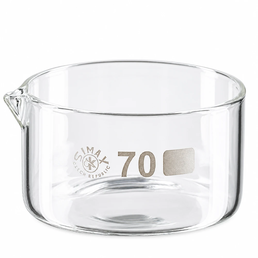 Krystalliseringsskål 100 ml med borosilikat-tud Krystalliseringsskål, 100 ml, borosilikatglas med tud, diameter 70 mm, fra Simax, Tjekkiet