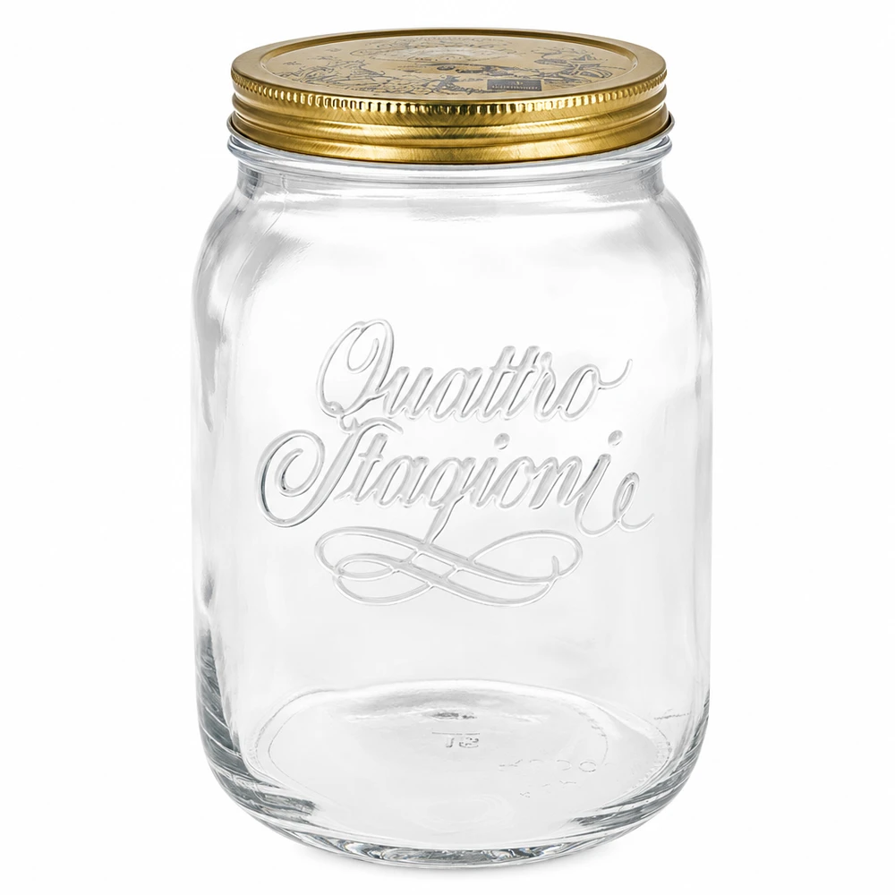 2000 ml rundt glas "Quattro Stagioni" med låg 2000 ml Quattro Stagioni rund krukke med guldskruelåg - klar glaskrukke til konservering