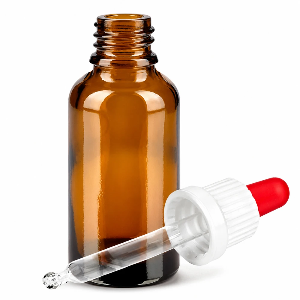 30 ml pipetteflaske hvid/rød OV BrownLine UT18/30 Brun glasflaske 30 ml med dråbepipette til æteriske olier og serum - UV-beskyttelse gennem mørkt glas