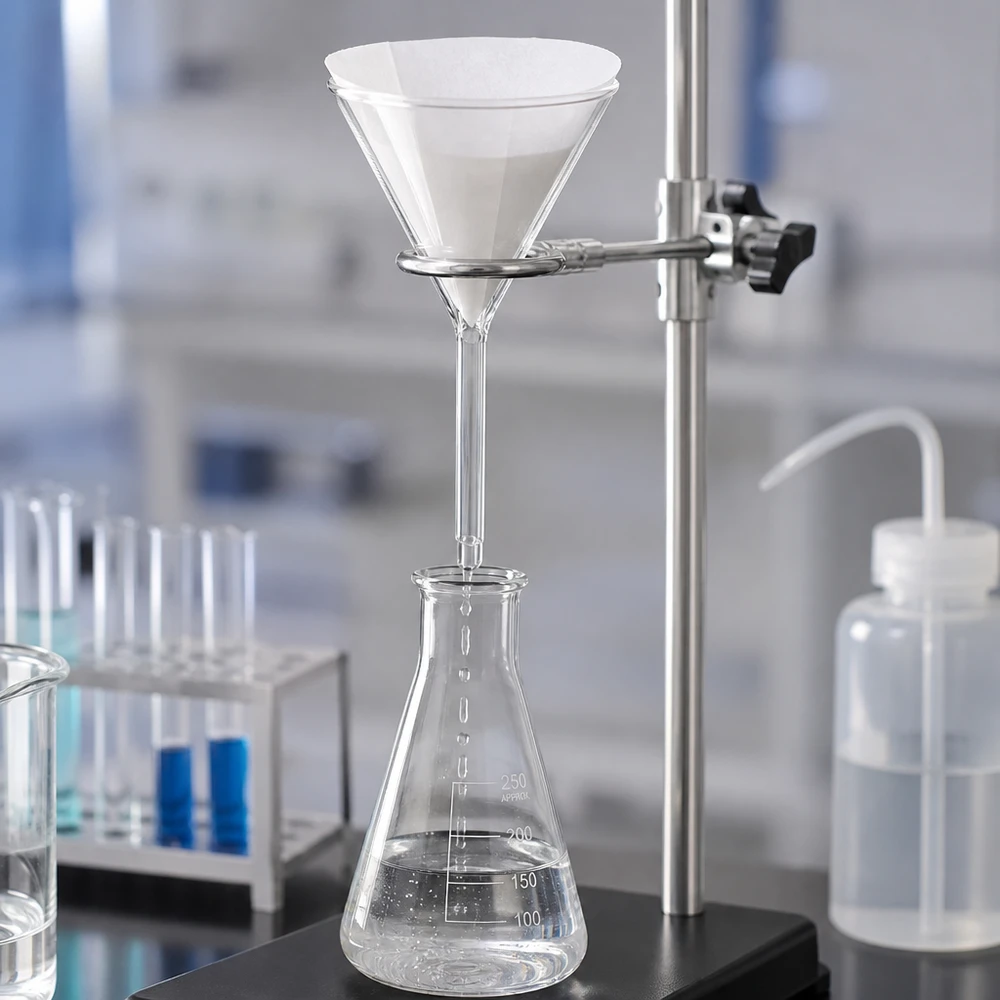 Tragt Ø 100 mm sodakalk, vinkel 60°, kort model Kortstilket tragt, 100 mm, af robust sodakalkglas til kemiske analyser og laboratorieforsøg