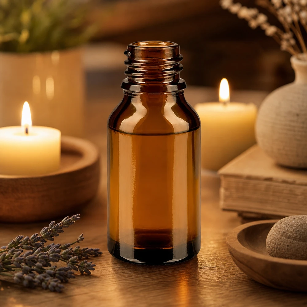 Dropperflaske 15 ml DIN 18 ravfarvet glas 15 ml brun ApoGlas-apoteksflaske i varmt stearinlyslys med lavendelkviste og spa-tilbehør på en træoverflade